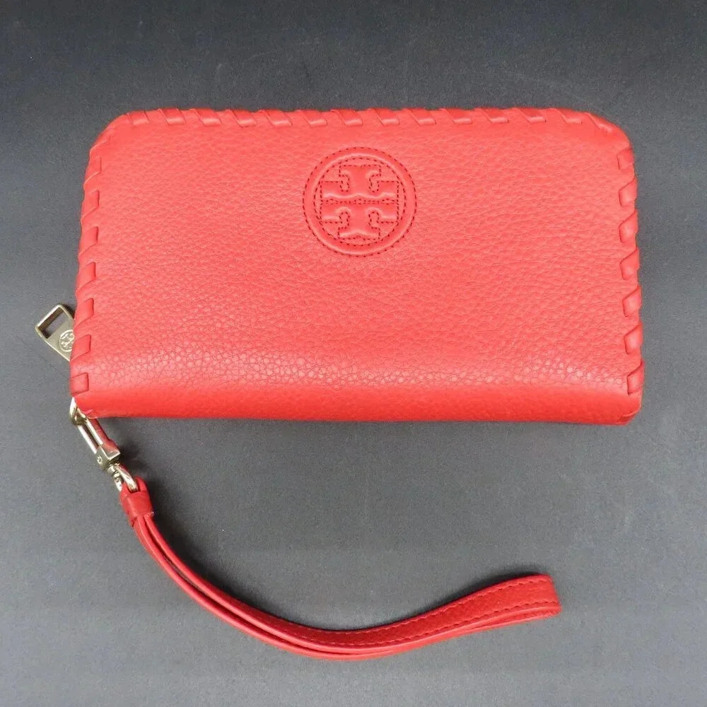 Tory Burch Marion Red Pebbled Leather Wristlet Wallet